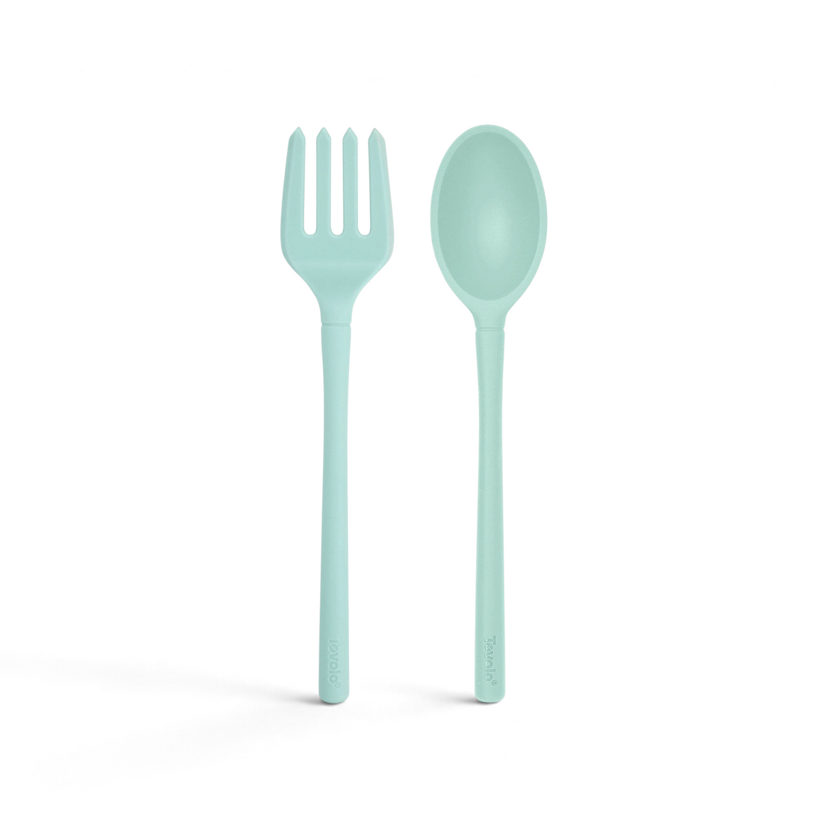 Tovolo Flex-Core light aqua silicone fork and small spoon set for non-stick cookware