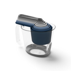The Magnetic Nested Measuring System in blue and gray fits neatly inside a clear plastic jug with a handle, keeping your kitchen organized and stylish.