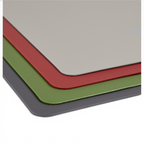 Three flexible cutting mats in gray, green, and red feature non-slip surfaces and rounded corners. Shown stacked from a close-up angle, these mats are perfect for kitchen countertop protection.