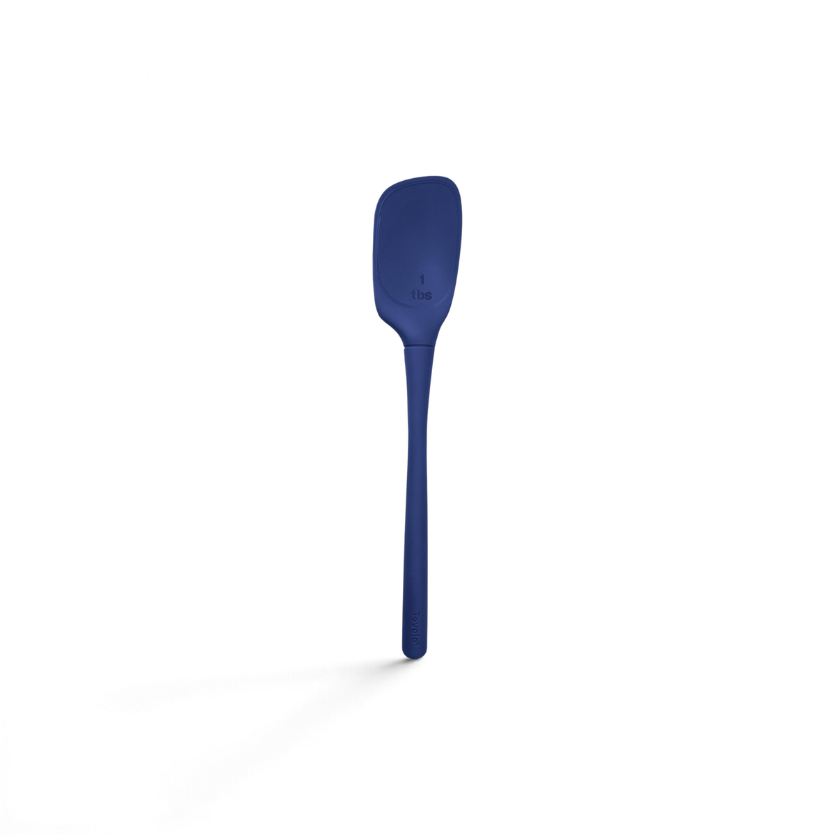 The tovolo Flex-Core Silicone Deep Spoonula in blue features a heat-resistant, rounded rectangular head marked 1 tbs., perfect for measuring. Its long, slightly tapered handle is ideal for easy mixing, scooping, and versatile kitchen tasks.