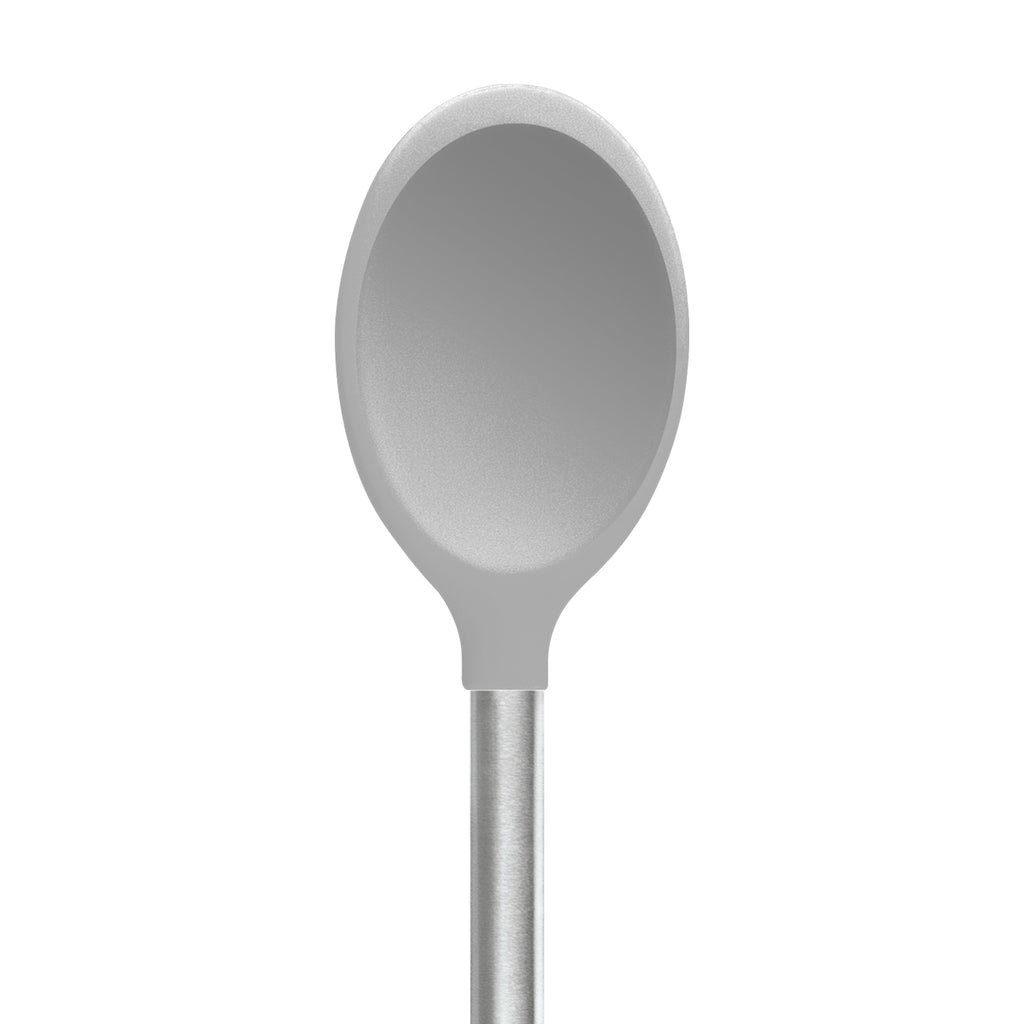 A Silicone Mixing Spoon with a gray oval head and a sturdy stainless steel handle is displayed upright on a plain white background.