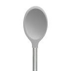 A Silicone Mixing Spoon with a gray oval head and a sturdy stainless steel handle is displayed upright on a plain white background.