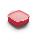 The Rinse N Store Berry Colander is a red, square container with a matching translucent lid, rounded edges, and a small side lip for easy handling—ideal as a fridge organizer for berries.