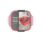 A Rinse N Store Berry Colander is shown rinsing assorted berries under running water; its packaging highlights easy draining and fresh, organized berry storage for your fridge.