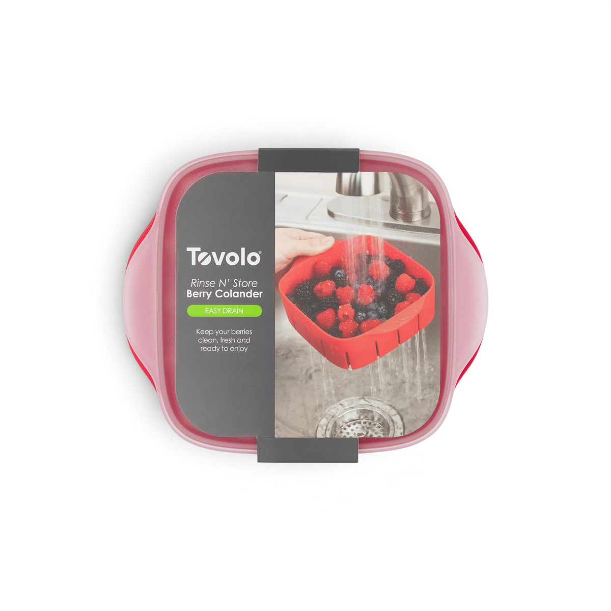 A Rinse N Store Berry Colander is shown rinsing assorted berries under running water; its packaging highlights easy draining and fresh, organized berry storage for your fridge.