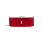 The Rinse N Store Berry Colander is a red plastic kitchen tool with four vertical slots and a curved top, designed for use as a berry storage container or fridge organizer.