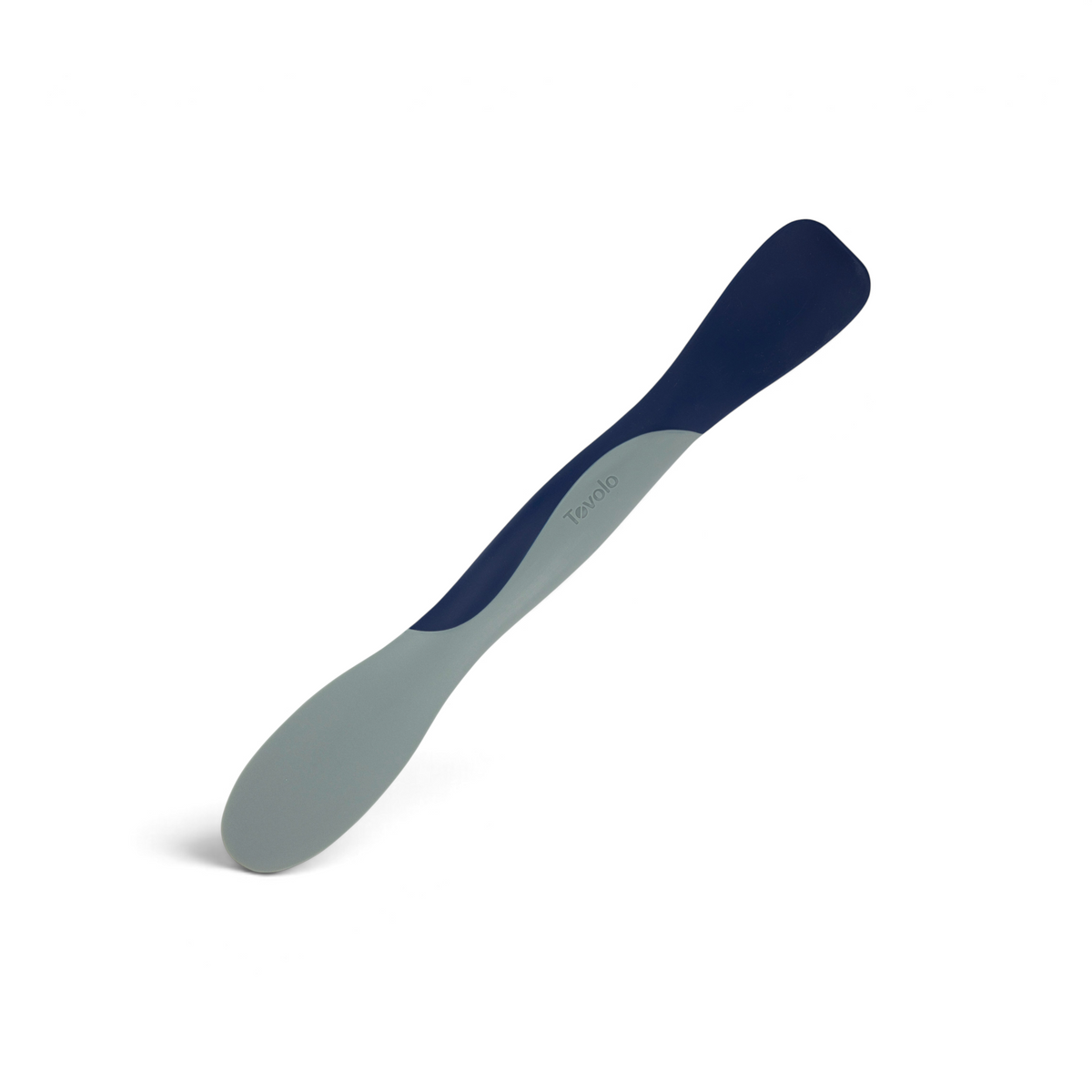 The Scoop and Spread is a dual-ended silicone spatula with Tovolo branding, featuring one gray and one navy blue end—making it an essential kitchen tool for bakers to scoop and spread effortlessly.