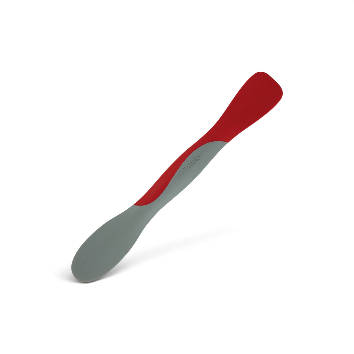 The Scoop and Spread is a dual-ended silicone spatula with a red flat end for scooping and spreading, a gray rounded end, and "Tovolo" on the handle—an essential tool for effortless baking prep.