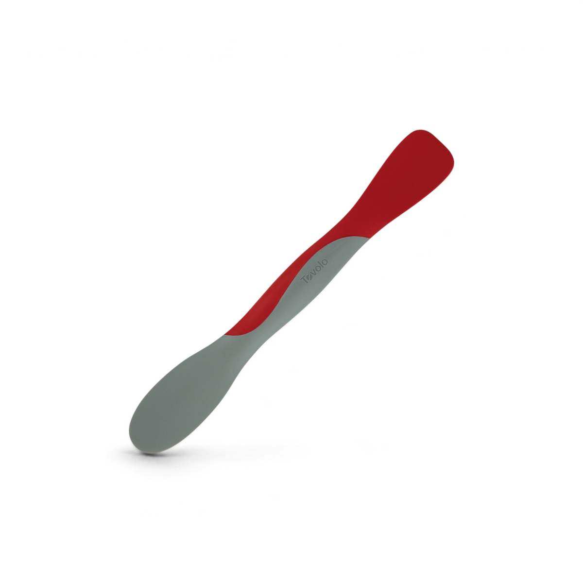 The Scoop and Spread is a dual-ended silicone spatula with a red flat end for scooping and spreading, a gray rounded end, and "Tovolo" on the handle—an essential tool for effortless baking prep.