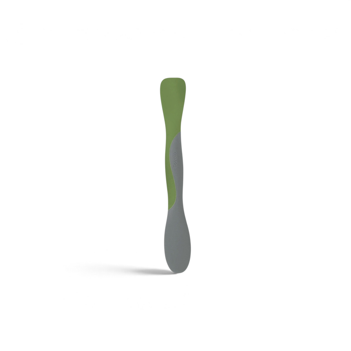 Tovolo Scoop and Spread kitchen tool in green and grey for scraping, stirring, and spreading ingredients.