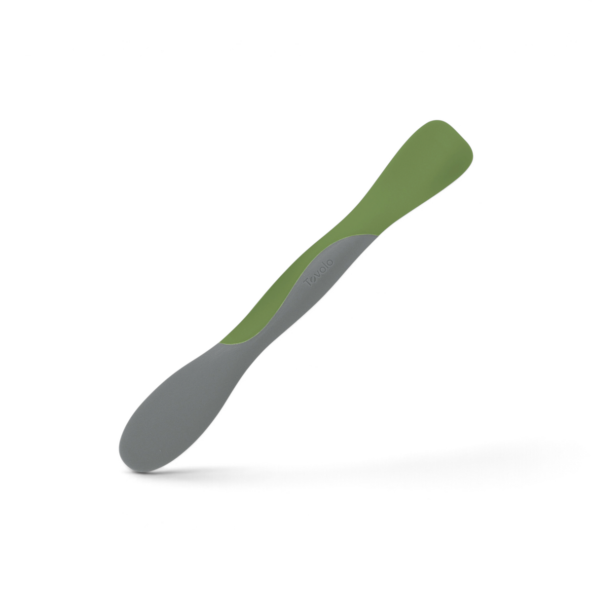 The Scoop and Spread is a dual-ended kitchen tool with gray and green silicone blades, ideal for scooping and spreading food, shown against a white background.