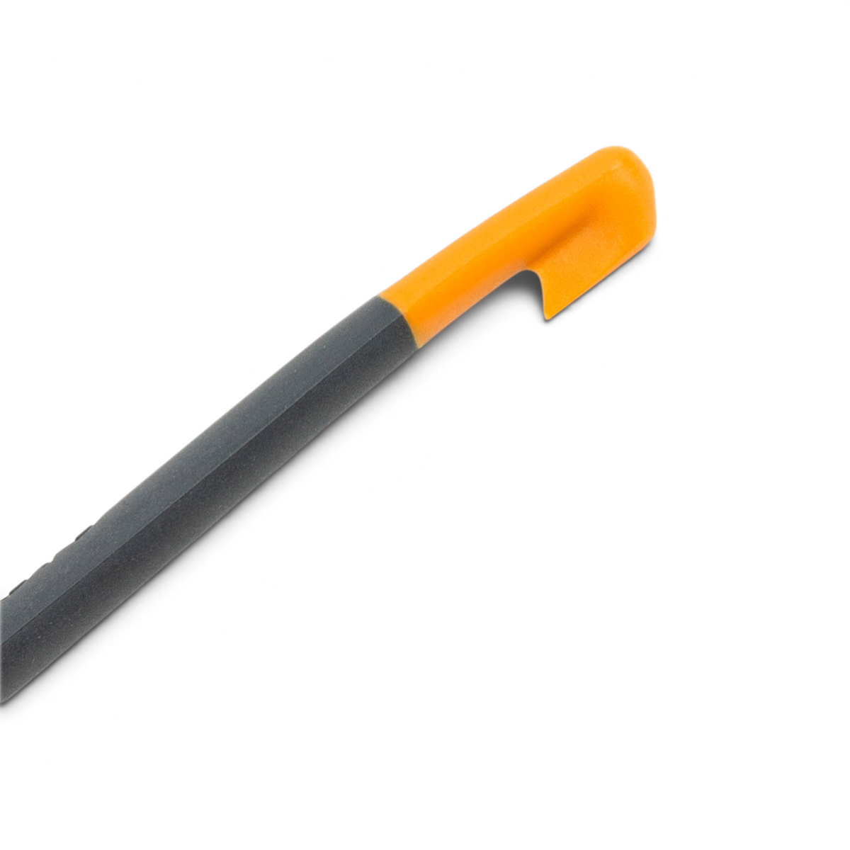 A close-up of the 2-in-1 Slice and Peel Citrus Tool shows its gray handle with an orange plastic end featuring a hook-like cutout, set against a white background.