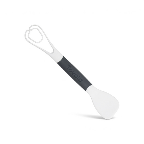 The Tovolo 3-in-1 Egg Tool is a white and gray kitchen utensil with a spatula on one end, tongs on the other, and the Tovolo brand name on the handle.