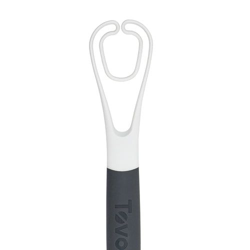 A close-up of the 3-in-1 Egg Tool, featuring a black and white handle and a looped head, displayed against a white background.