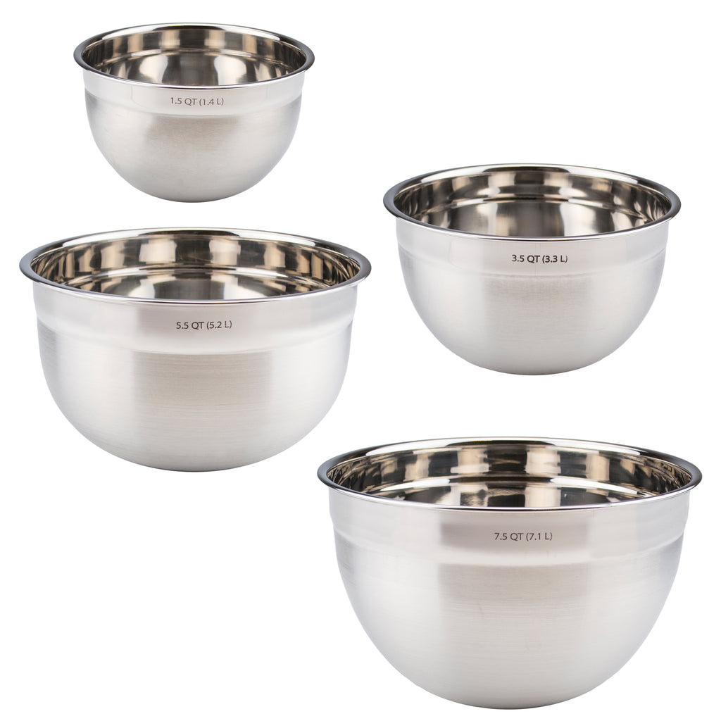 Four durable Mixing Bowls in different sizes are arranged on a white background. Each easy-pour bowl has its capacity clearly marked on the side in both quarts and liters.
