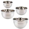 The tovolo Stainless Steel Mixing Bowl Set includes four durable bowls in 1.5 qt (1.4 L), 3.5 qt (3.3 L), 5.5 qt (5.2 L), and 7.5 qt (7.1 L) sizes, each clearly labeled with quart and liter capacities for easy pouring, shown on a white background.