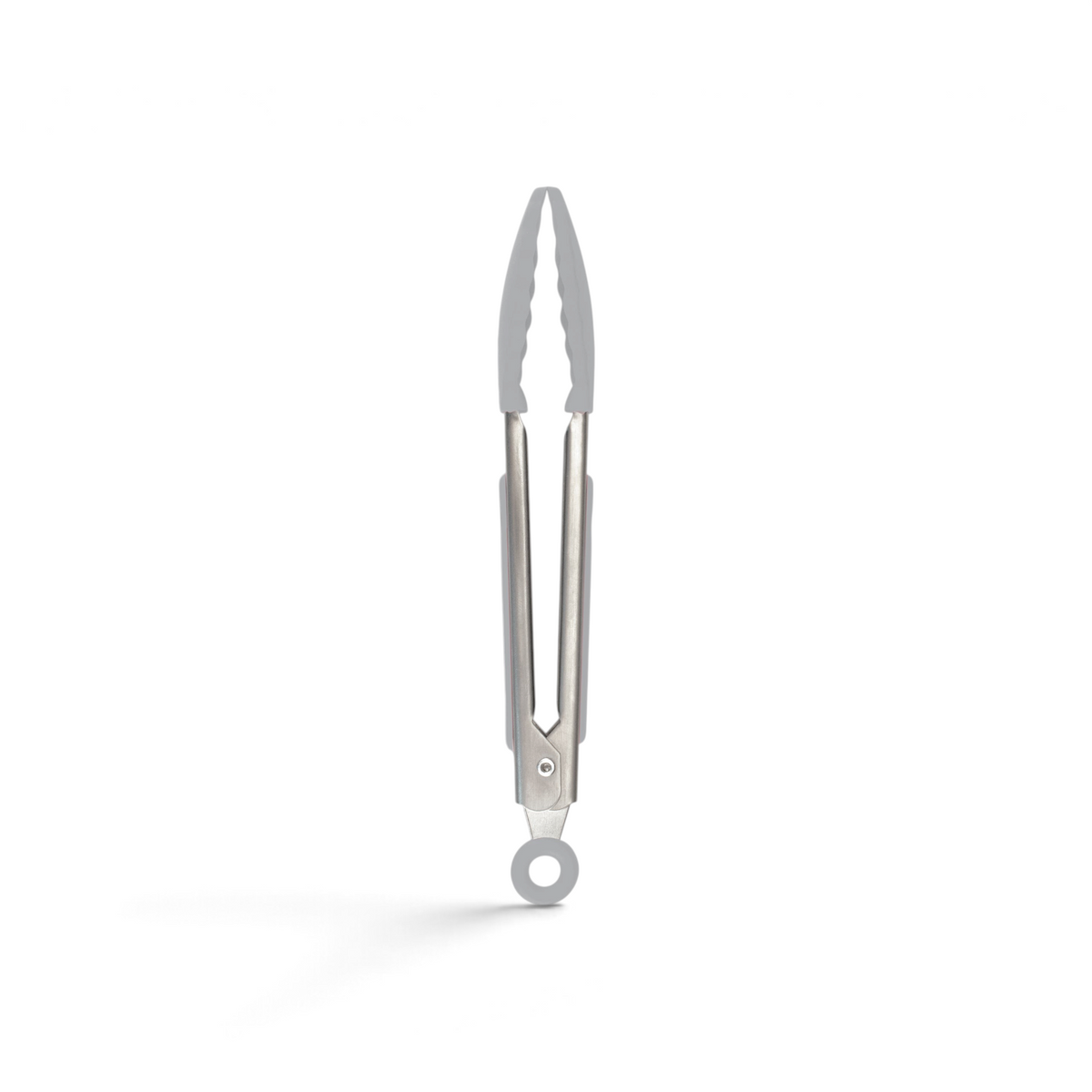Mini Tongs made of stainless steel, featuring scalloped silicone grips and a locking ring at the handle, displayed on a white background.