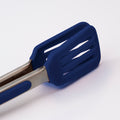 Mini Turner Tongs featuring stainless steel handles and blue silicone grips, shown close-up on a white background.