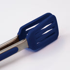 Mini Turner Tongs featuring stainless steel handles and blue silicone grips, shown close-up on a white background.