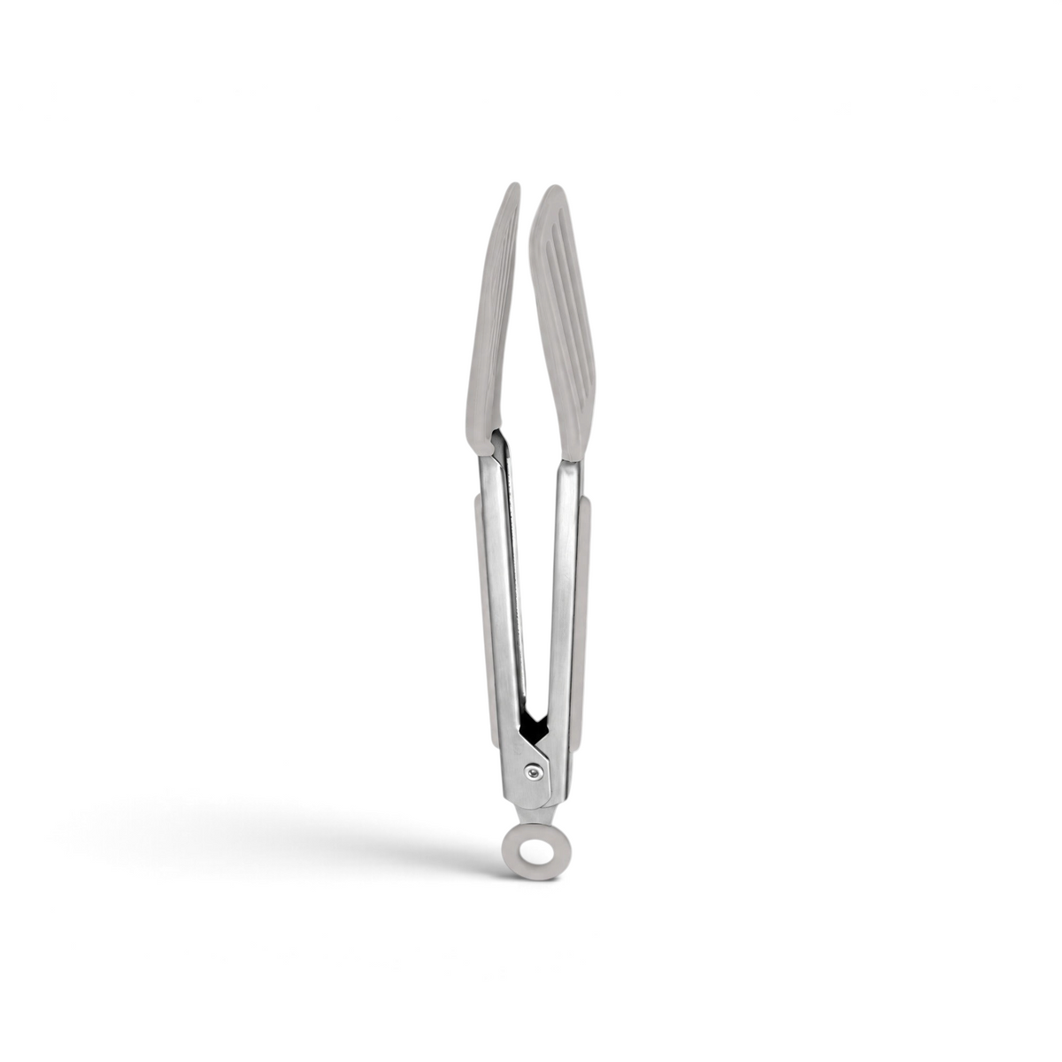 Tovolo Mini Turner Tongs with grey silicone flat heads and stainless steel arms for a gentle, non-slip grip.