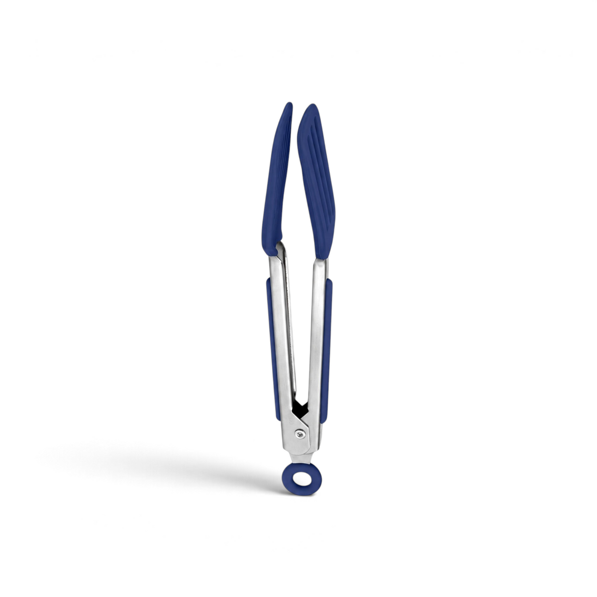 Tovolo blue mini turner tongs with flat silicone heads and a locking pull ring for kitchen use