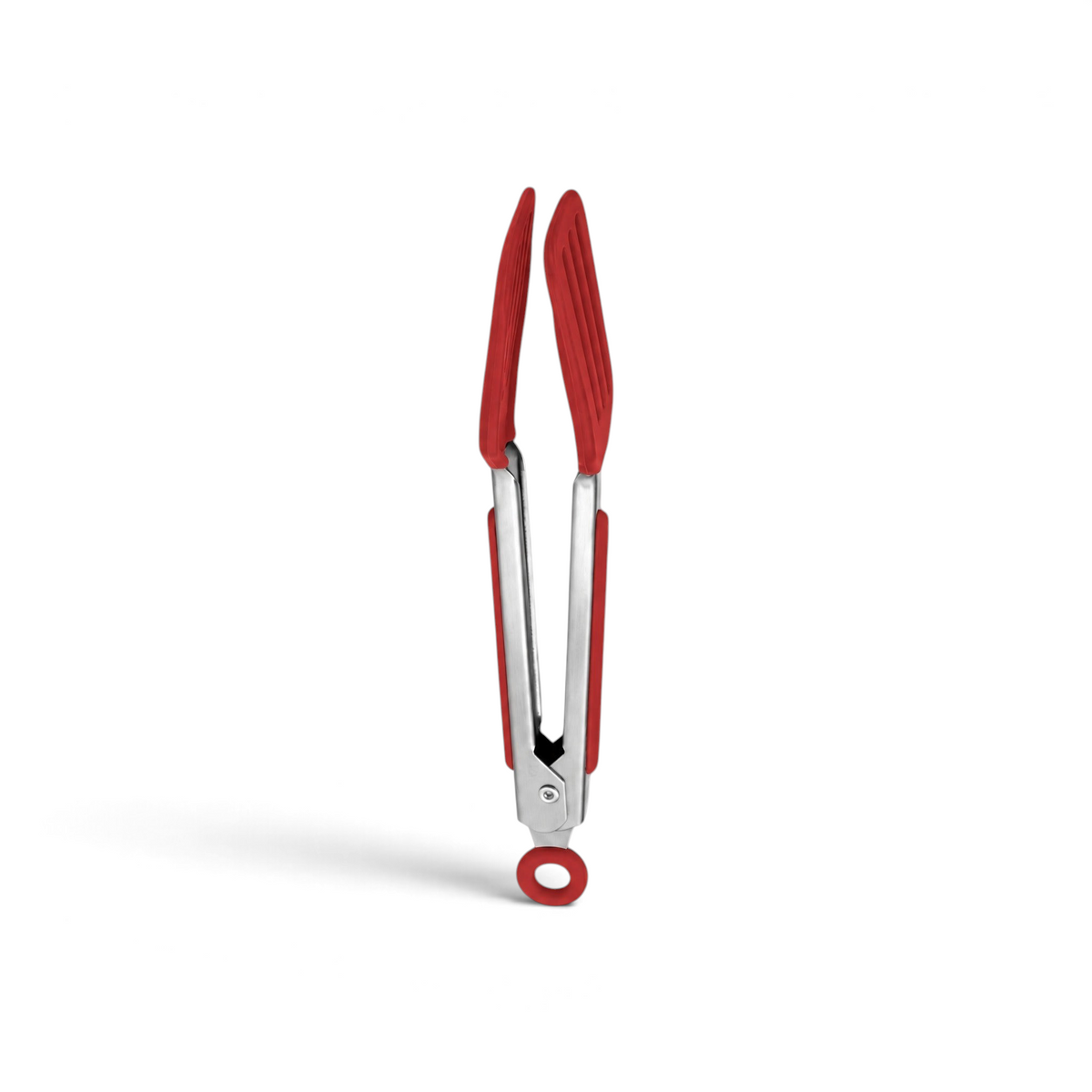 Tovolo Mini Turner Tongs in red with silicone heads and a stainless steel frame featuring a locking pull ring.