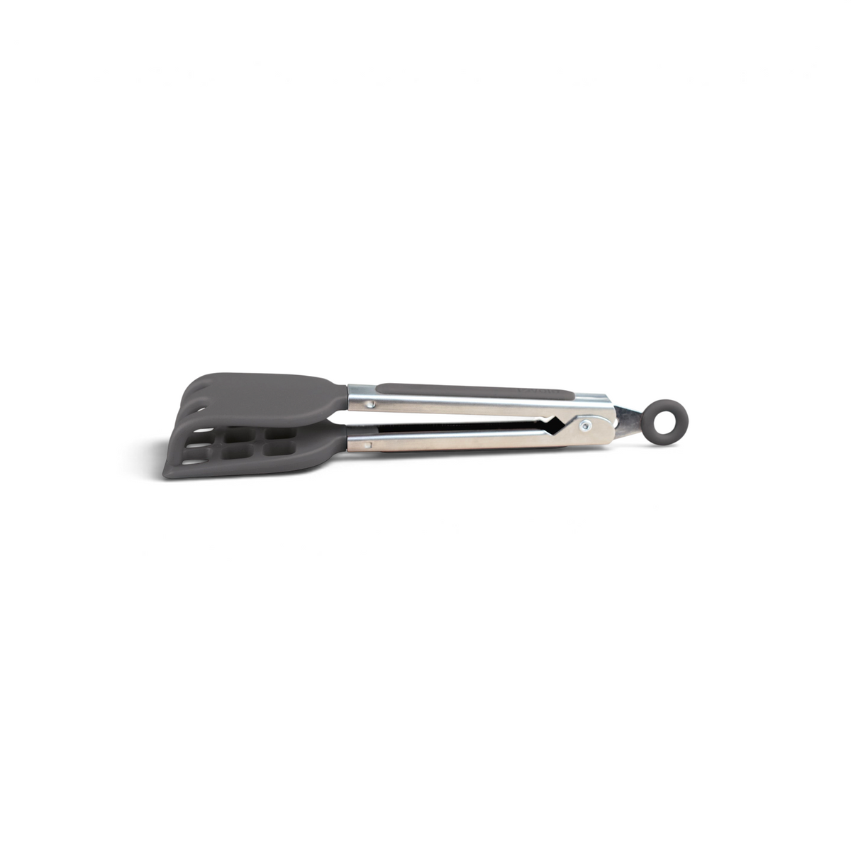Mini Waffle Tongs with metal and silicone construction, gray tips, and a locking mechanism, ideal for use as waffle maker accessories, shown closed on a white background.