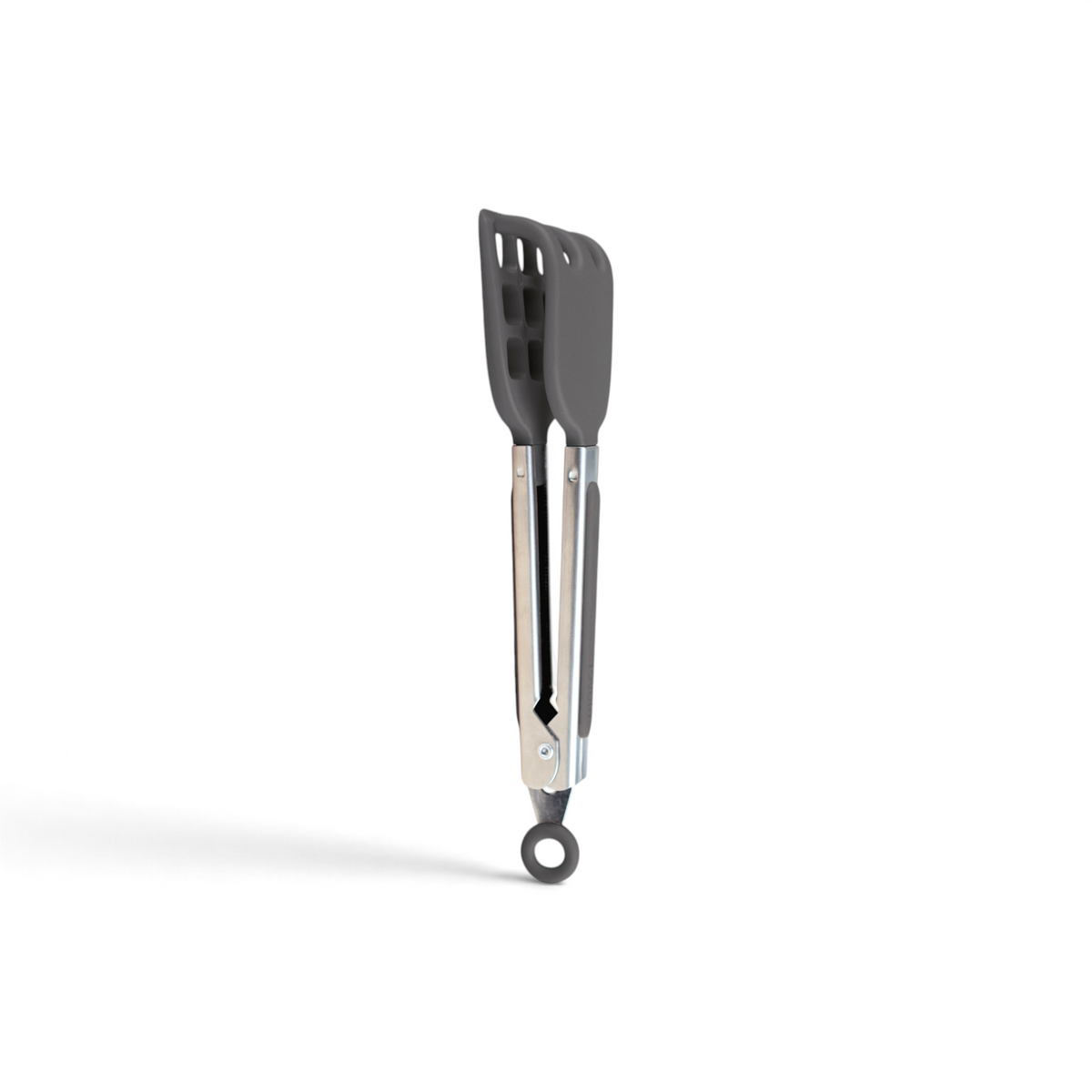 Mini Waffle Tongs with metal and silicone construction, gray tips, and a locking mechanism, ideal for use as waffle maker accessories, shown closed on a white background.
