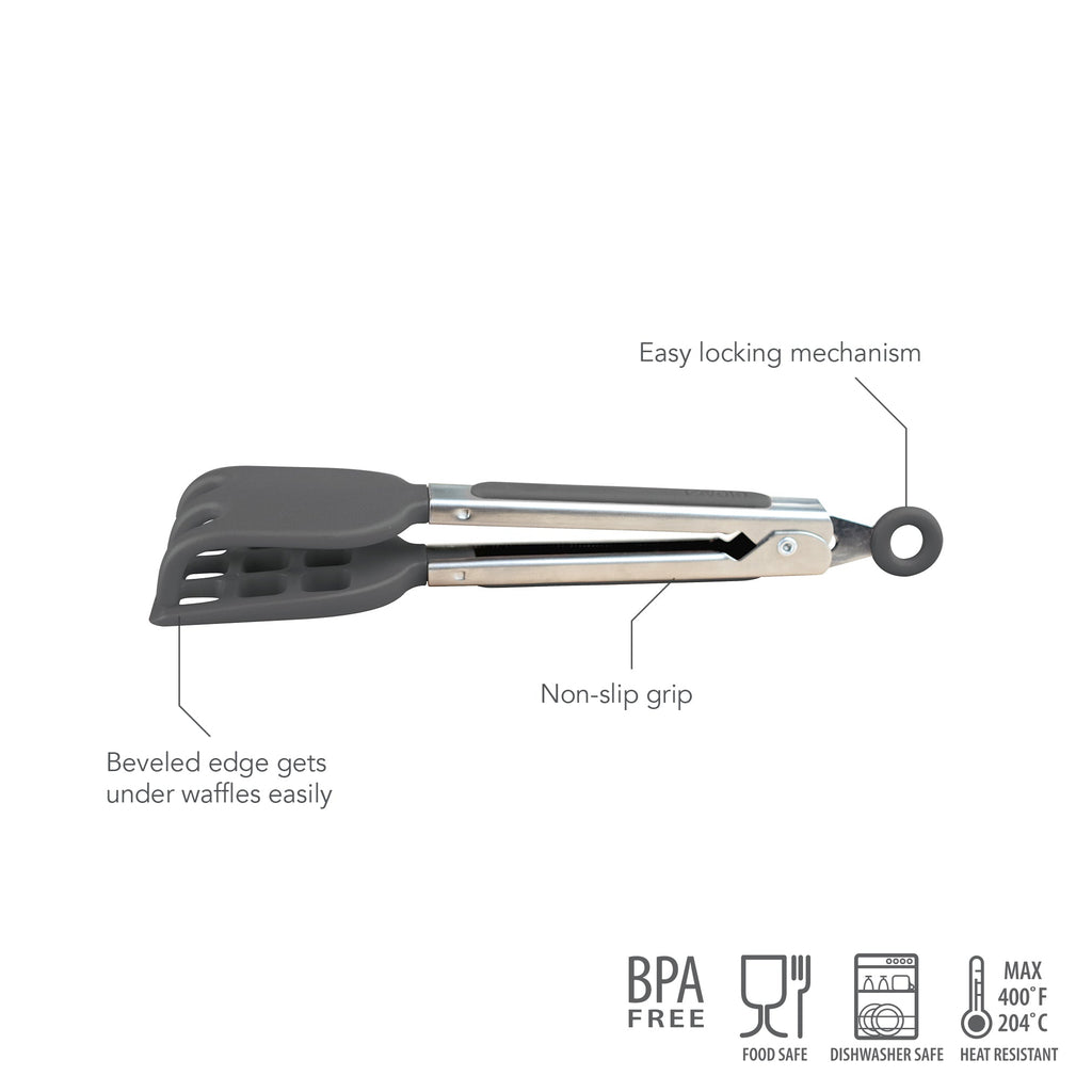 Mini Waffle Tongs—gray and stainless steel with silicone beveled spatula end, non-slip grip, and easy locking. Ideal waffle maker accessory; BPA-free, food safe, dishwasher safe, and heat resistant to 400°F (204°C).
