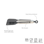 Mini Waffle Tongs—gray and stainless steel with silicone beveled spatula end, non-slip grip, and easy locking. Ideal waffle maker accessory; BPA-free, food safe, dishwasher safe, and heat resistant to 400°F (204°C).