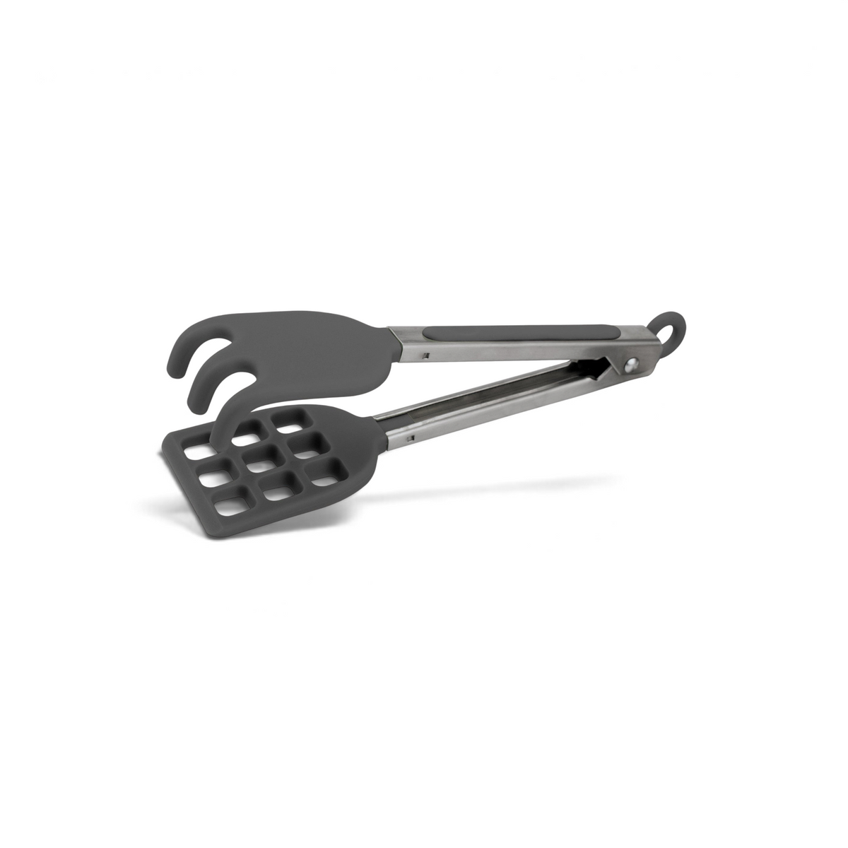 Mini Waffle Tongs feature stainless steel handles, a pasta server on one end, and a slotted spatula on the other—ideal for versatile cooking or as unique accessories for your waffle maker.