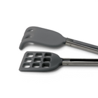 Mini Waffle Tongs: Two gray utensils with stainless steel handles—one slotted spatula, one three-pronged fork—perfect for cooking, serving food, and as waffle maker accessories.
