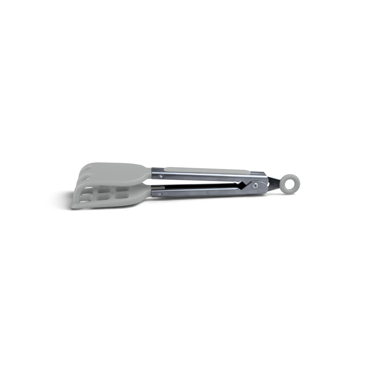Mini Waffle Tongs feature silver metal arms with white silicone tips—one solid, one slotted—and a white silicone hanging loop, making them perfect for waffles and essential accessories for any waffle maker.