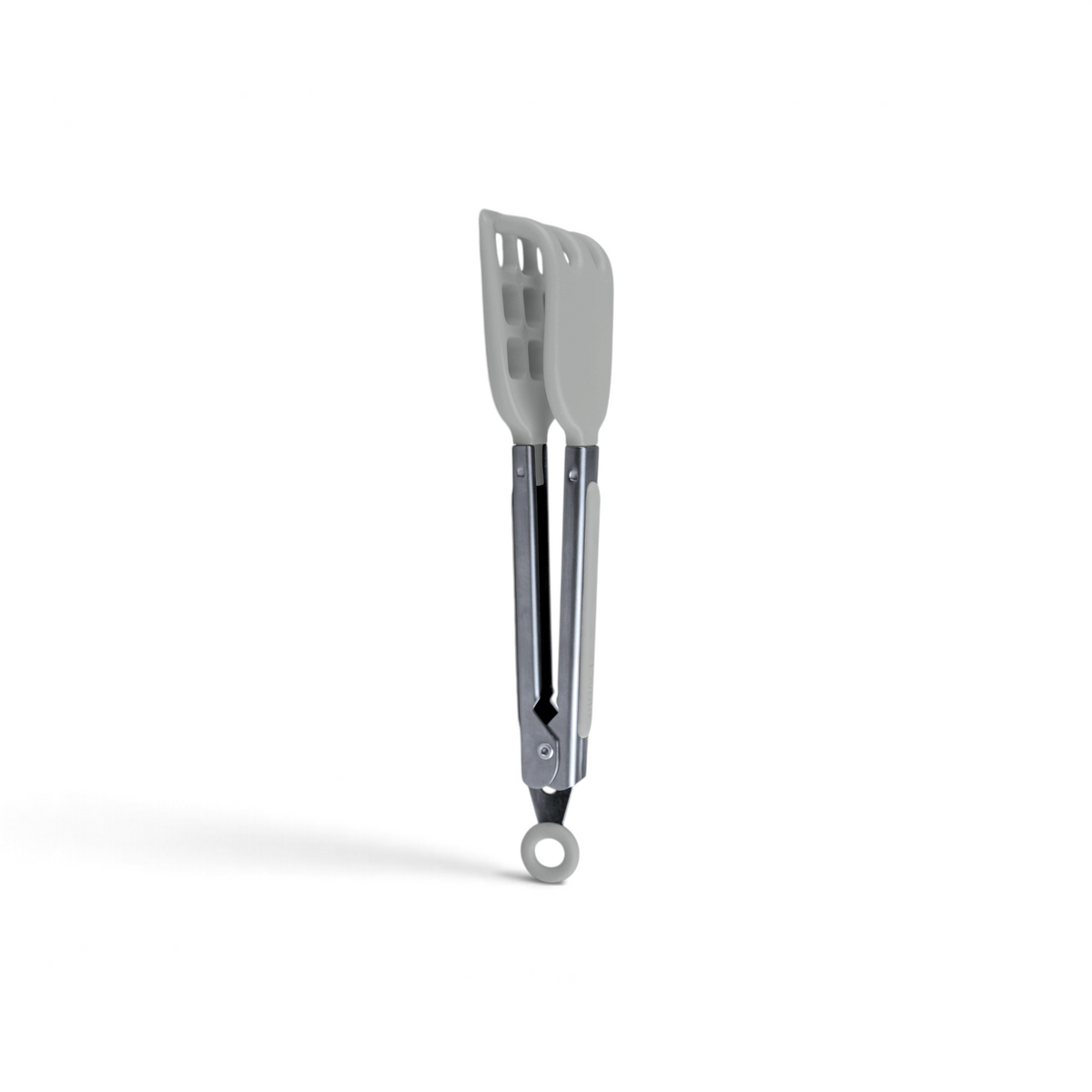 Mini Waffle Tongs feature silver metal arms with white silicone tips—one solid, one slotted—and a white silicone hanging loop, making them perfect for waffles and essential accessories for any waffle maker.