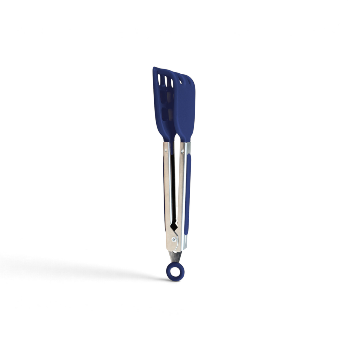 Mini Waffle Tongs with blue silicone slotted tips and a matching blue locking ring grip food easily, making them ideal for waffles or as an accessory for your waffle maker.