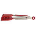 Mini Waffle Tongs with a red silicone tip, stainless steel handle, locking mechanism, and built-in spatula are shown closed on a white background—ideal as waffle maker accessories.