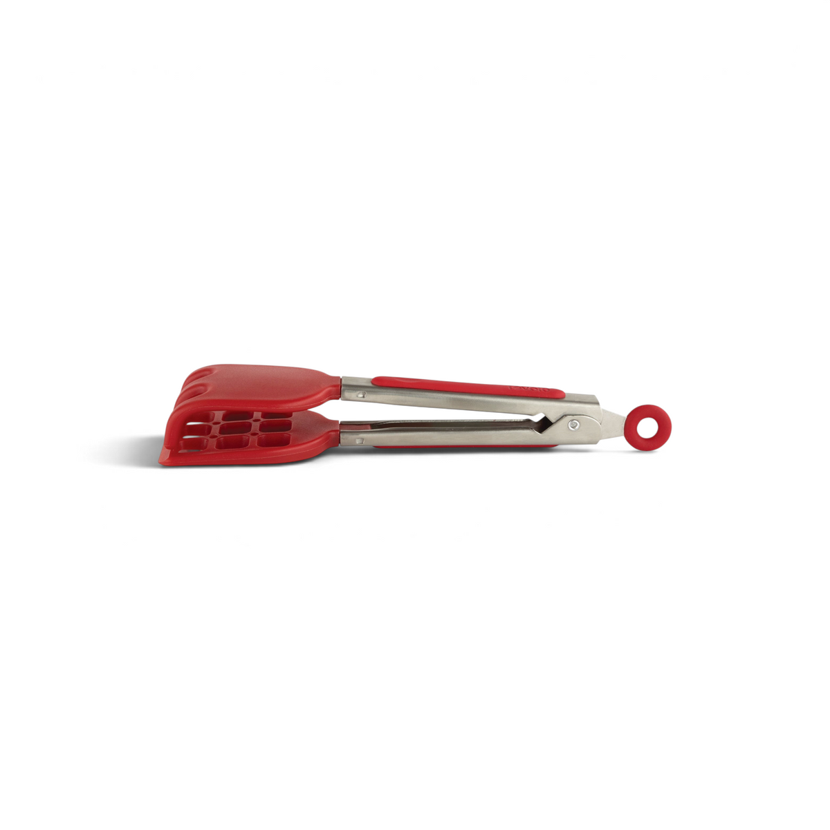 Mini Waffle Tongs with a red silicone tip, stainless steel handle, locking mechanism, and built-in spatula are shown closed on a white background—ideal as waffle maker accessories.