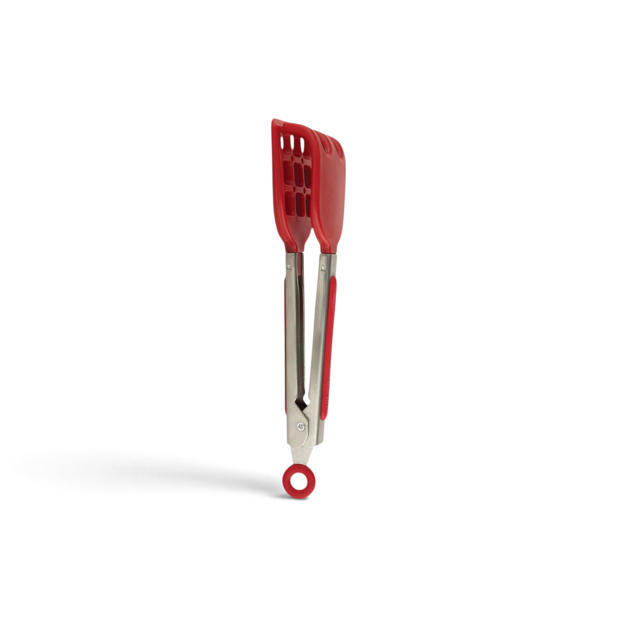 Mini Waffle Tongs with a red silicone tip, stainless steel handle, locking mechanism, and built-in spatula are shown closed on a white background—ideal as waffle maker accessories.