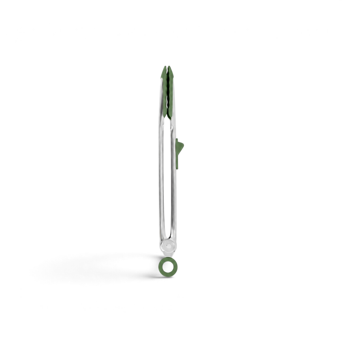 Tovolo Tip Top Tongs in stainless steel with green heat-resistant silicone tips and a locking mechanism