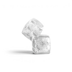 Two clear ice cubes made with tovolo Double Rocks Ice Molds (Set of 2) are stacked at an angle on a white background, highlighting visible air bubbles and unique textures inside the ice.