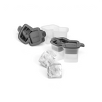 The tovolo Double Rocks Ice Molds (Set of 2) are shown in clear plastic and gray silicone with a unique angled X-shape. One mold is open, and two slow-melting X-shaped ice cubes are in front—ideal for chilling drinks without quick dilution.