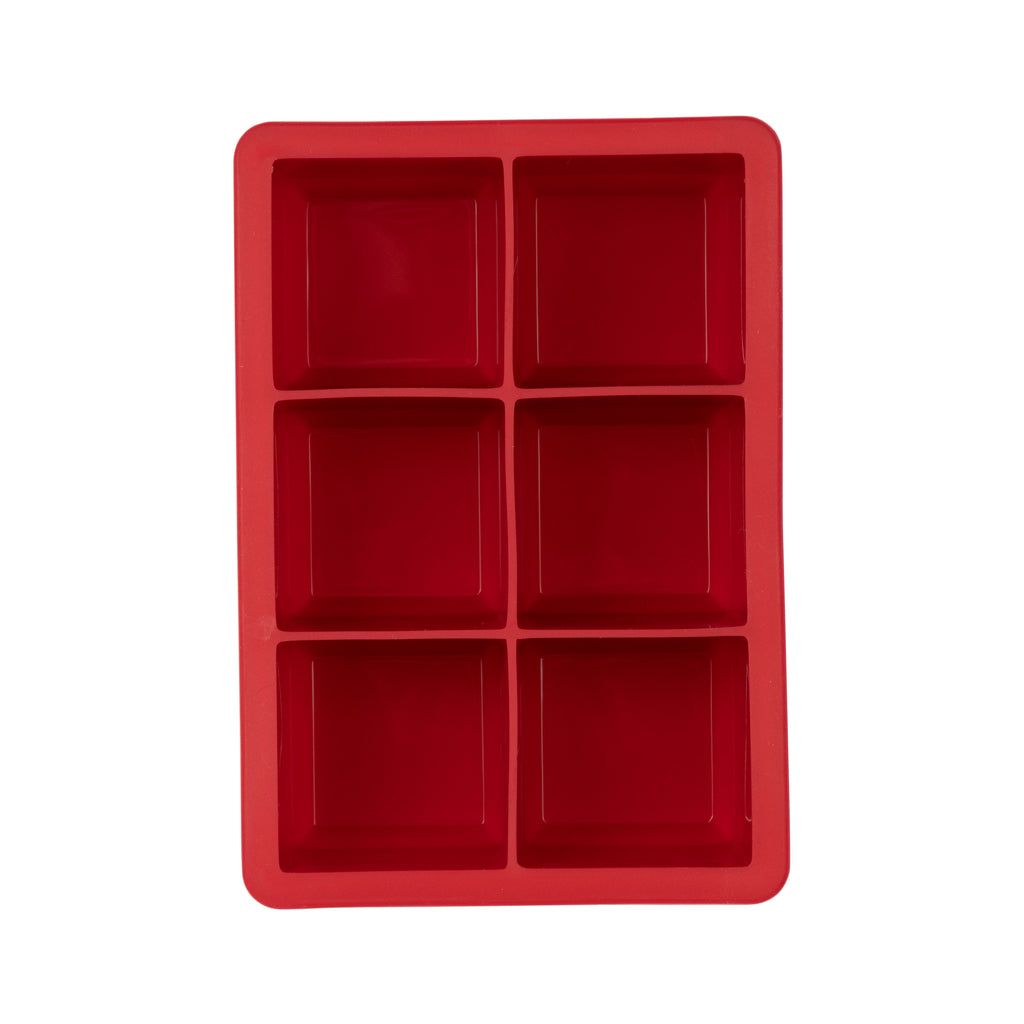 The tovolo King Cube Silicone Ice Mold is a red tray with six square compartments (two columns by three rows), ideal for craft ice, shown on a white background.