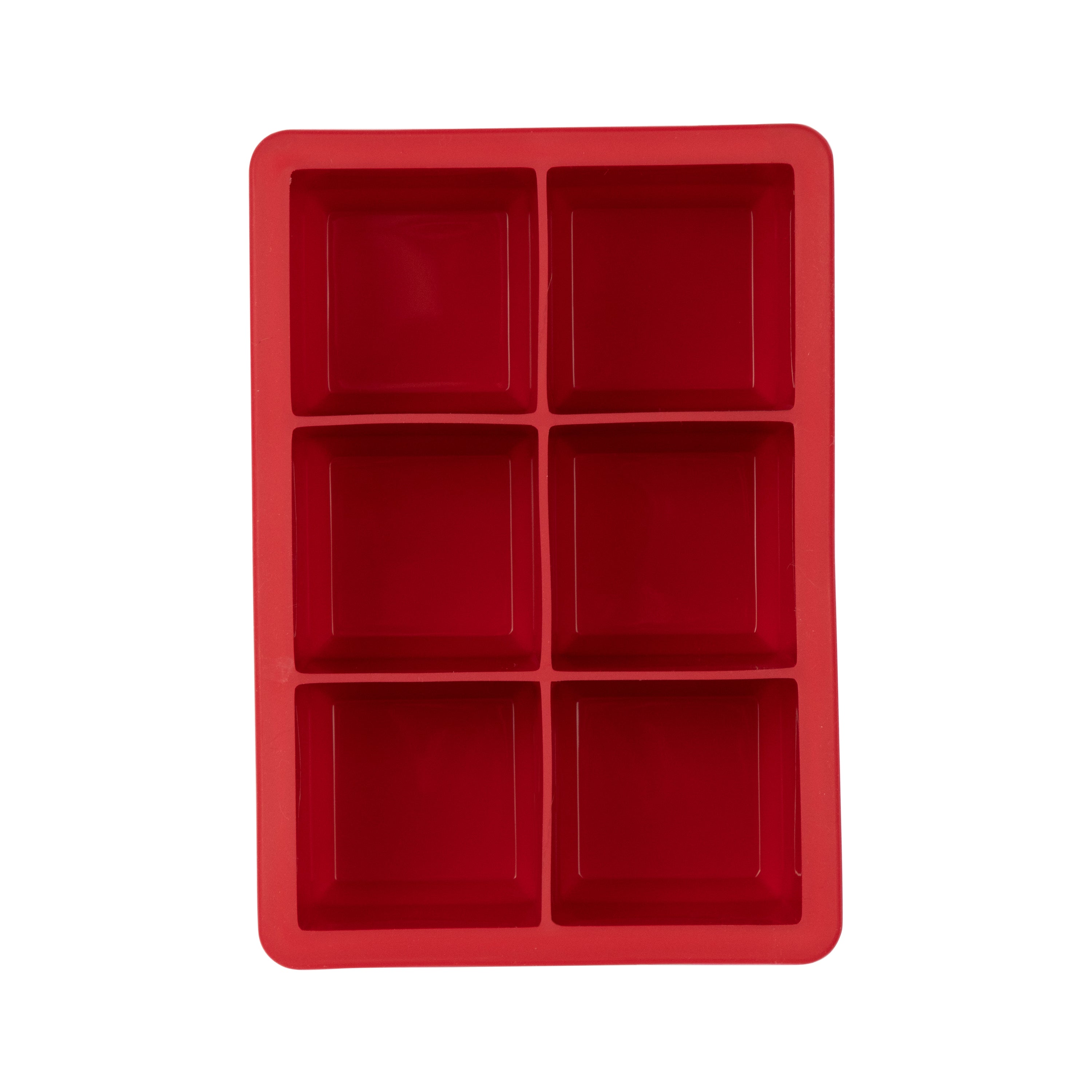 The tovolo King Cube Silicone Ice Mold is a red tray with six square compartments (two columns by three rows), ideal for craft ice, shown on a white background.