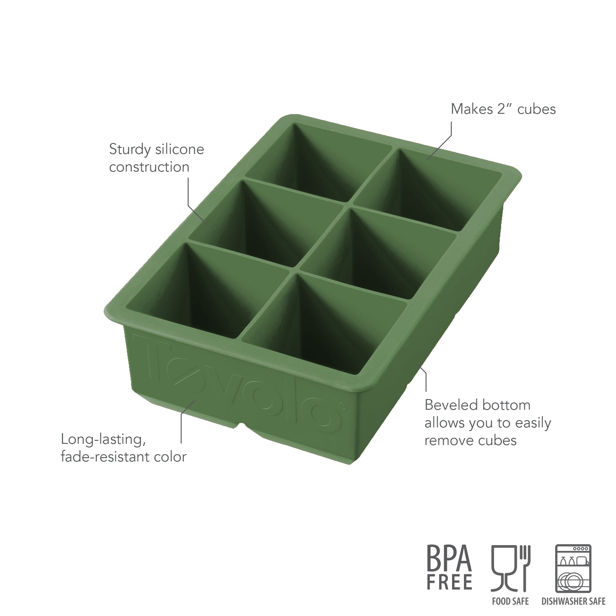 The tovolo King Cube Silicone Ice Mold features six 2-inch sections for large ice, a sturdy green silicone build, beveled bottoms for easy release, and is BPA free, food safe, and dishwasher safe—your ultimate craft ice tray.