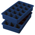 The tovolo Perfect Cube Silicone Ice Molds (Set of 2) are shown stacked on a white background, each tray featuring sixteen square compartments—crafted from food-grade silicone for long-lasting ice cubes.