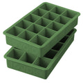 The set of 2 tovolo Perfect Cube Silicone Ice Molds features green, food-grade silicone trays, each with sixteen square compartments and the brand name embossed on the side.