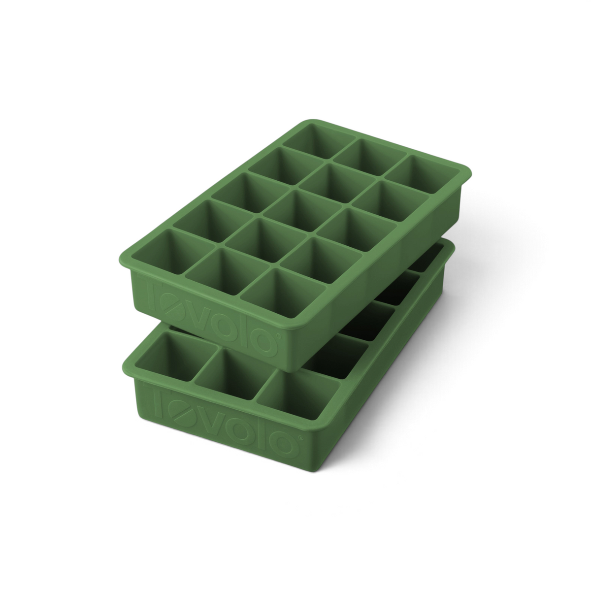 The set of 2 tovolo Perfect Cube Silicone Ice Molds features green, food-grade silicone trays, each with sixteen square compartments and the brand name embossed on the side.