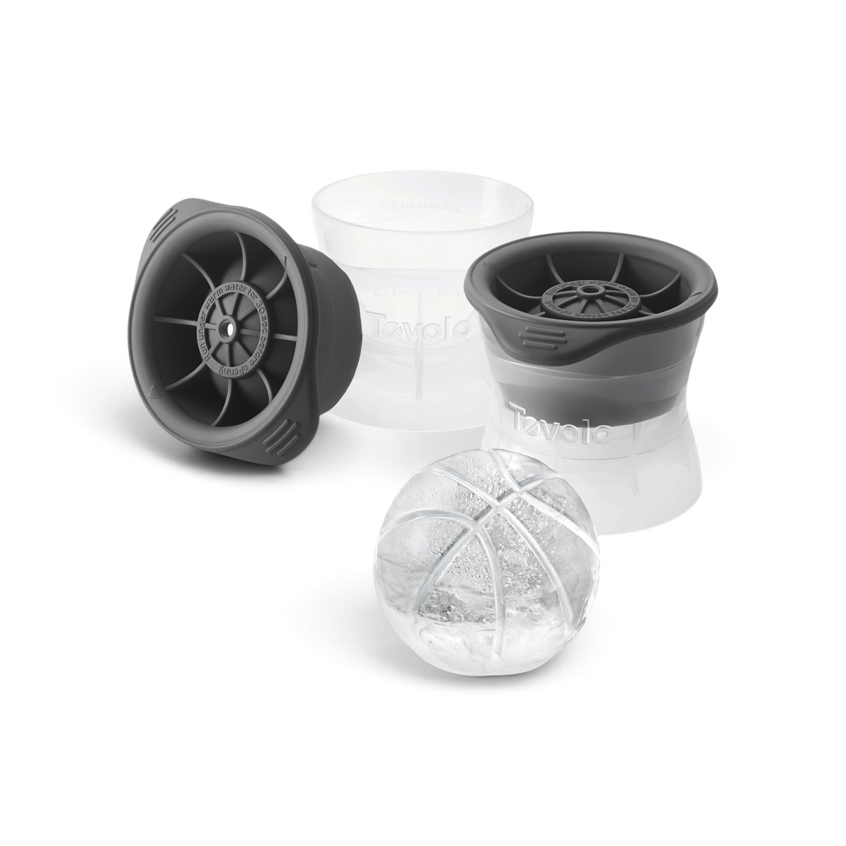 Two clear and gray plastic tovolo Baseball Ice Molds (set of 2) are shown, one open with a baseball-shaped ice sphere in front.