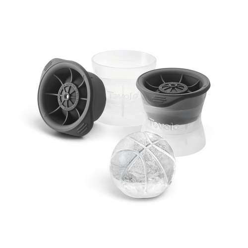 Two clear and gray plastic tovolo Baseball Ice Molds (set of 2) are shown, one open with a baseball-shaped ice sphere in front.