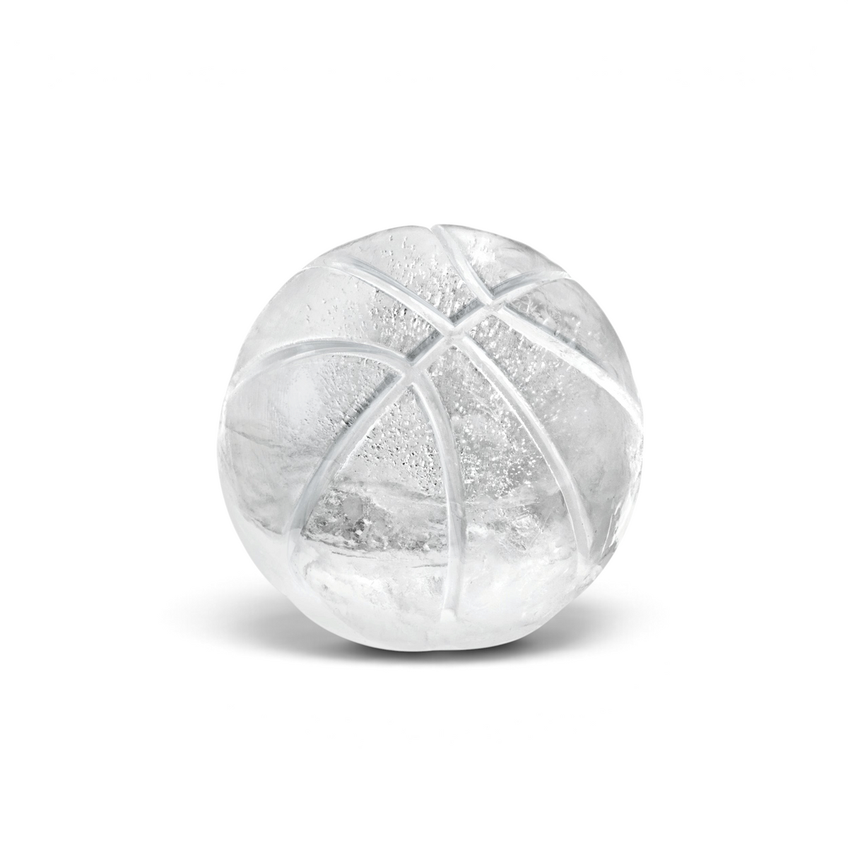 A round ice cube shaped like a baseball, featuring detailed stitching lines, made with tovolo Baseball Ice Molds (Set of 2) and displayed on a white background.